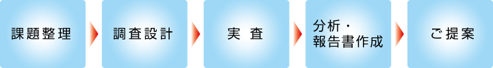 課題整理→調査設計→実査→分析・報告書作成→ご提案